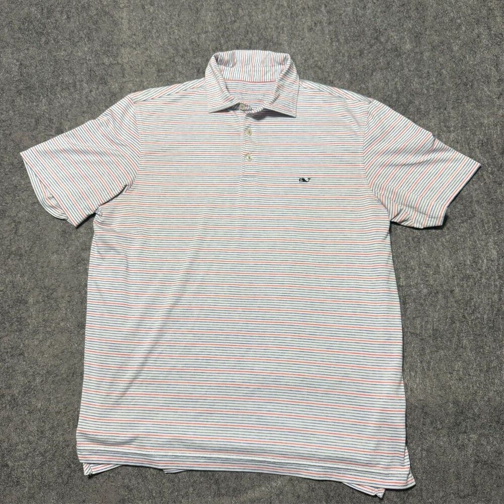 Vineyard Vines Mens Performance Polo Size M Blue Red Striped Embroidered